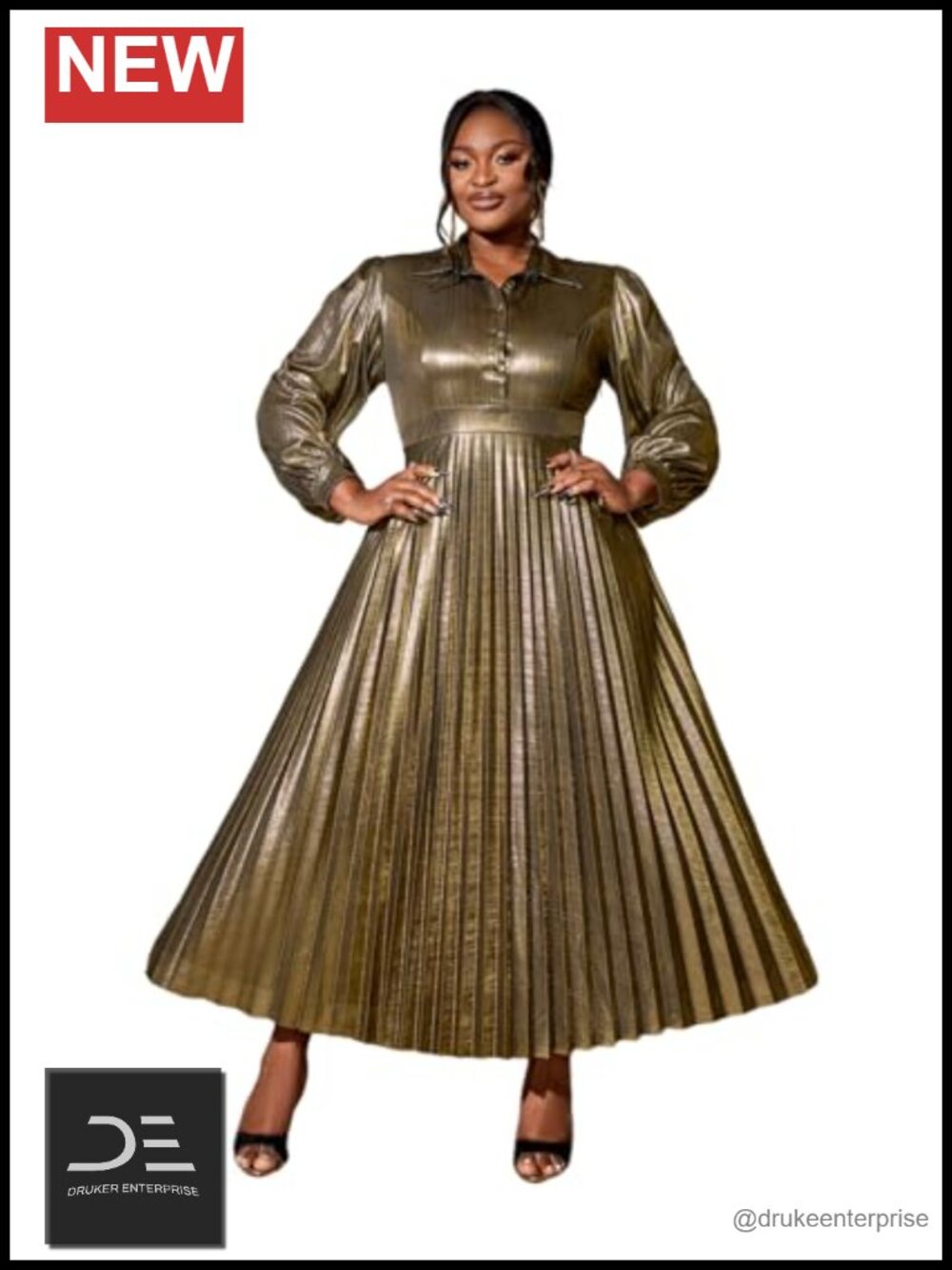 Women's Metallic Collar Button Down Pleated High Waist Long Sleeve Maxi Dress